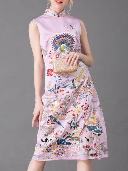 Shein Pink Collar Embroidered Split A-line Dress