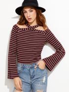 Shein Burgundy Striped Cold Shoulder Halter T-shirt
