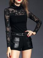 Shein Black High Neck Sheer Lace Blouse