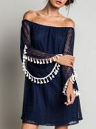 Shein Navy Off The Shoulder Lace Tassel Dress