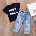 Shein Boys Letter Print Tee With Destroyed Jeans