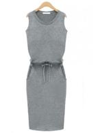 Rosewe Chic Sleeveless Round Neck Drawstring Design Grey Dress