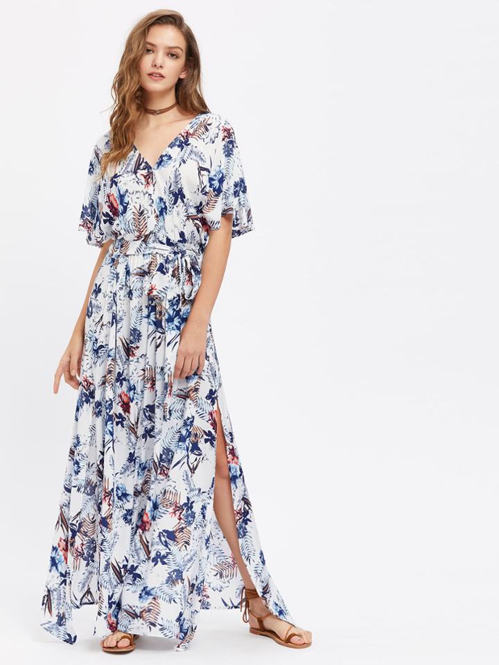 Shein Split Sleeve Tropical Print Kimono Dress