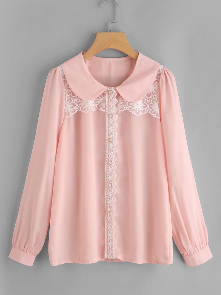 Shein Contrast Lace Puff Sleeve Shirt