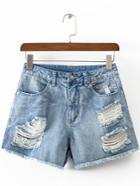 Shein Blue Ripped Raw-edge Hem Pockets Denim Shorts
