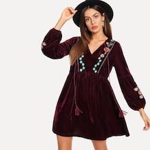Shein Tassel Tie Neck Floral Embroidered Smock Velvet Dress