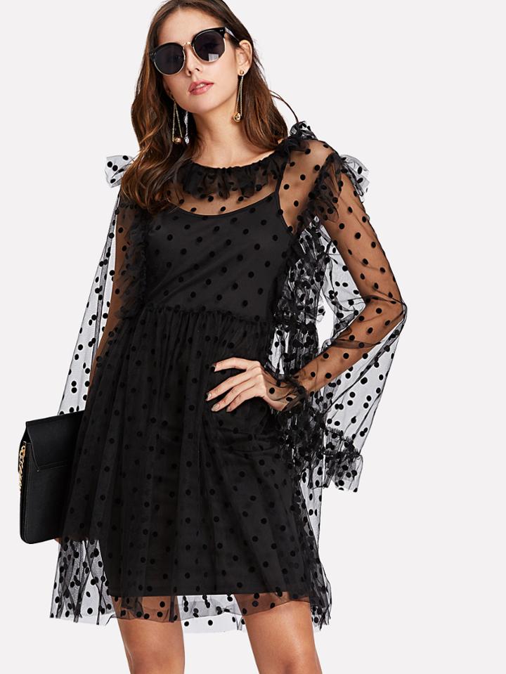 Shein Dot Mesh Overlay Frill Detail Dress Set