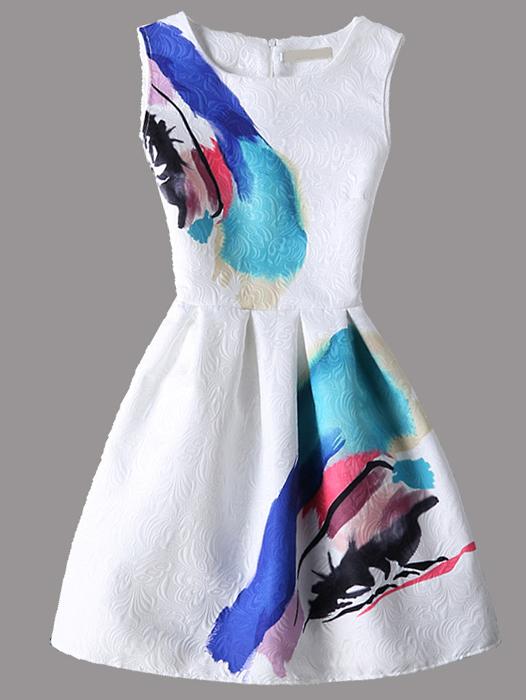 Shein White Graffiti Print Sleeveless Zipper Flare Dress