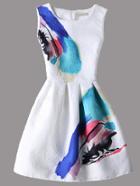 Shein White Graffiti Print Sleeveless Zipper Flare Dress