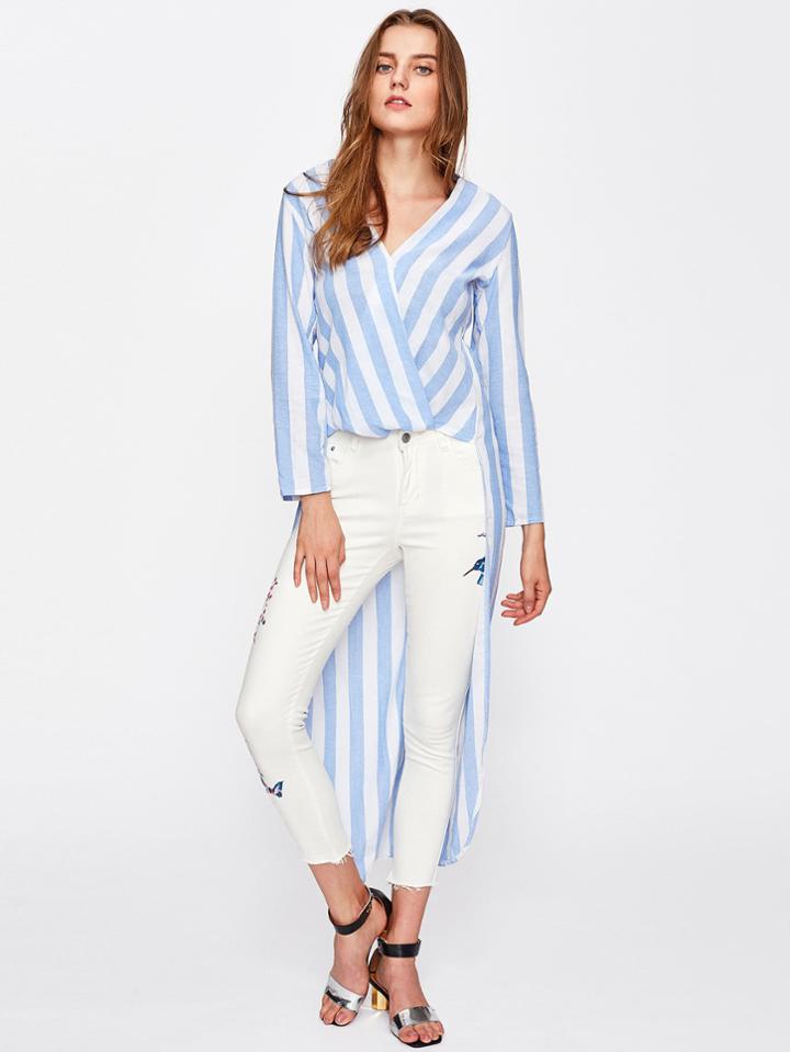 Shein High-low Contrast Block Stripe Wrap Blouse