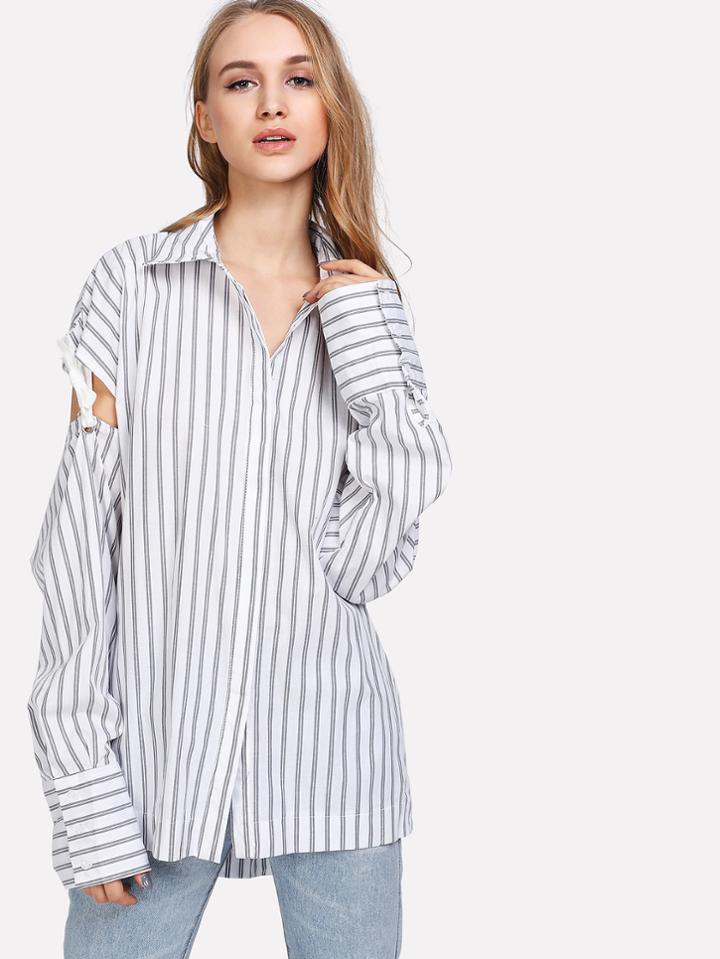Shein Hidden Button Cutout Tied Sleeve Pinstripe Shirt