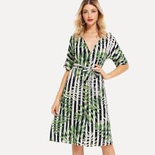 Shein Leave Print Self Tie Waist Dress