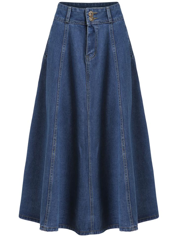 Shein Blue High Waist Pockets Denim Long Skirt