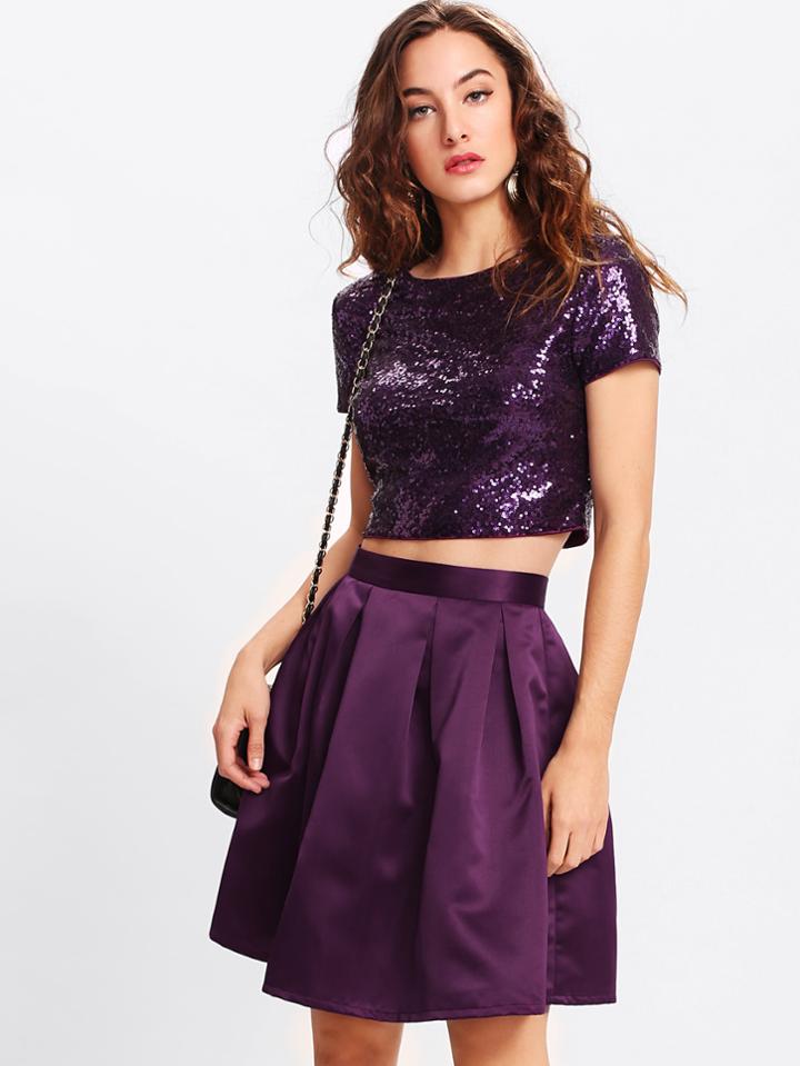 Shein Sequin Crop Top & Boxed Pleated Skirt Set