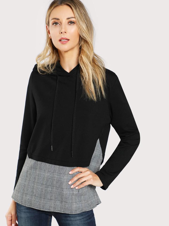 Shein Plaid Trim Mixed Media Hoodie