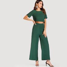 Shein Round Neck Dip Hem Top With Pants