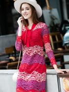 Shein Multicolor Round Neck Long Sleeve Bow-tie Lace Dress