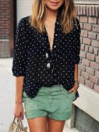 Shein Black Polka Dot With Buttons Blouse