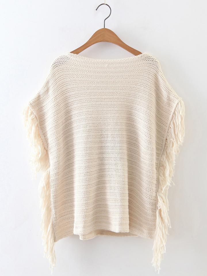 Shein Beige Open Back Fringe Trim Loose Sweater