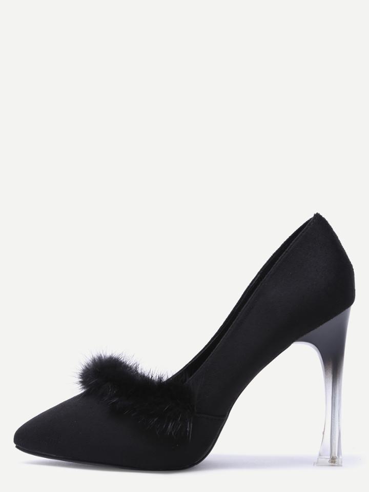 Shein Black Fur Trim Suede Sheer Heeled Pumps
