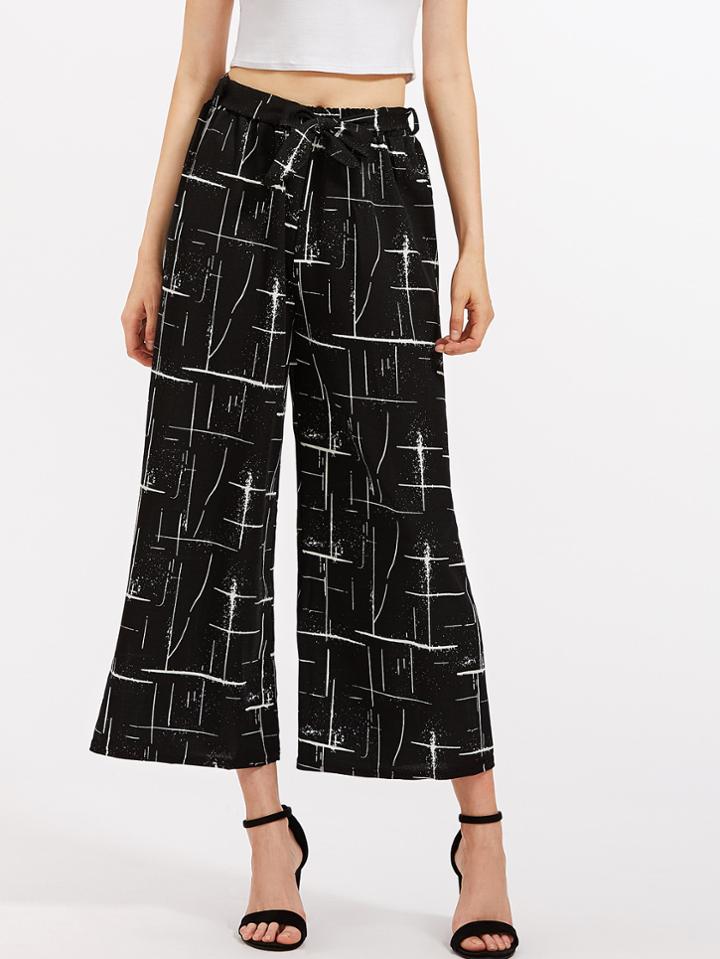 Shein Abstract Print Self Tie Wide Leg Pants