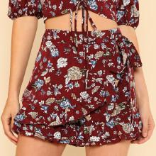 Shein Tie Waist Ruffle Trim Floral Shorts