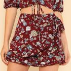 Shein Tie Waist Ruffle Trim Floral Shorts