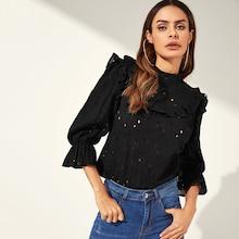 Shein Keyhole Back Eyelet Embroidered Ruffle Trim Top