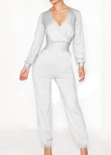 Rosewe V Neck Long Sleeve White Jumpsuit
