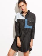 Shein Black Color Block Curved Hem Denim Dress