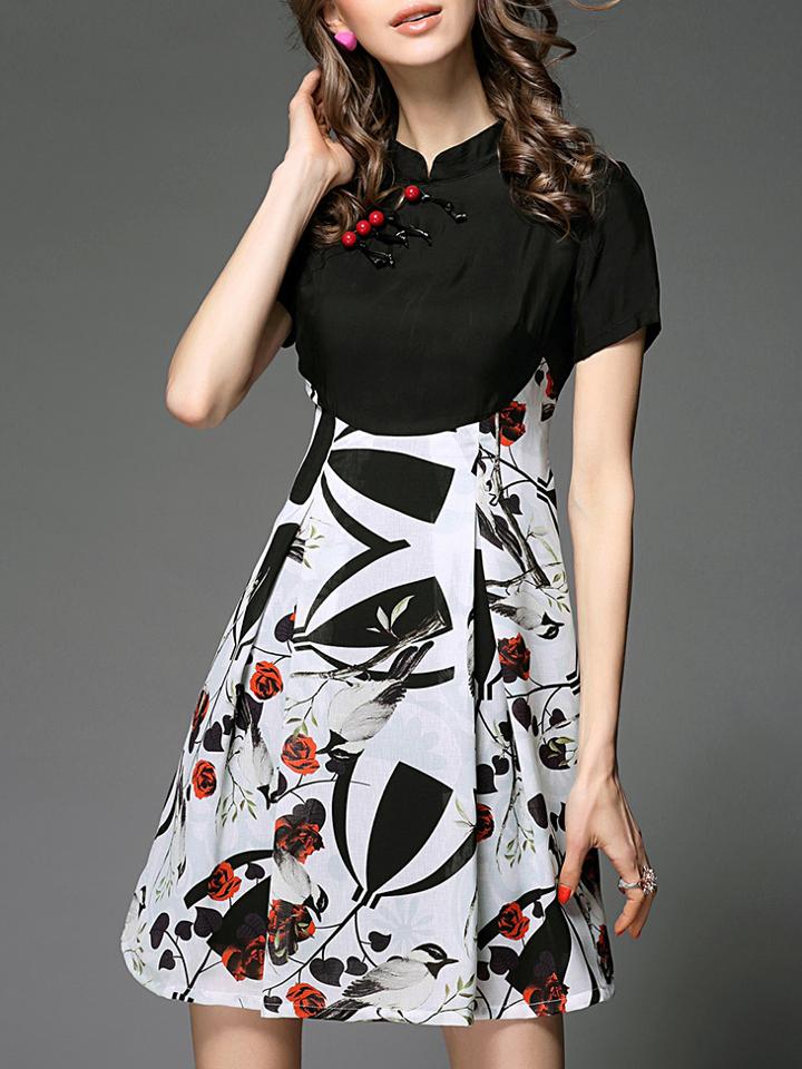 Shein Black Collar Birds Print A-line Dress