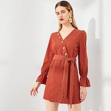 Shein Button Up Wrap Bell Sleeve Solid Dress