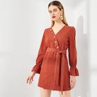 Shein Button Up Wrap Bell Sleeve Solid Dress