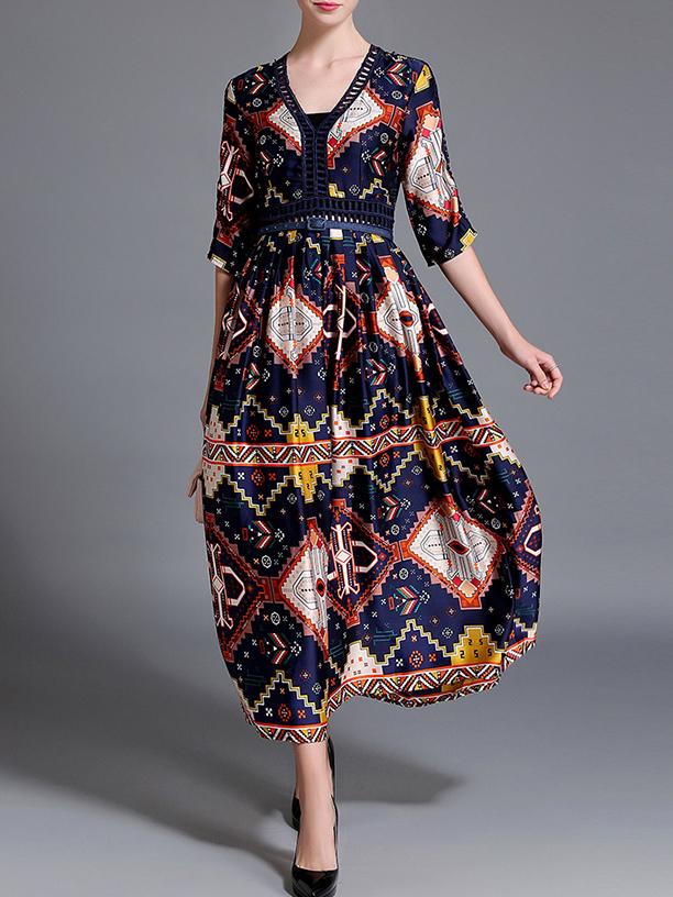 Shein Navy V Neck Vintage Print Long Dress