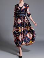 Shein Navy V Neck Vintage Print Long Dress