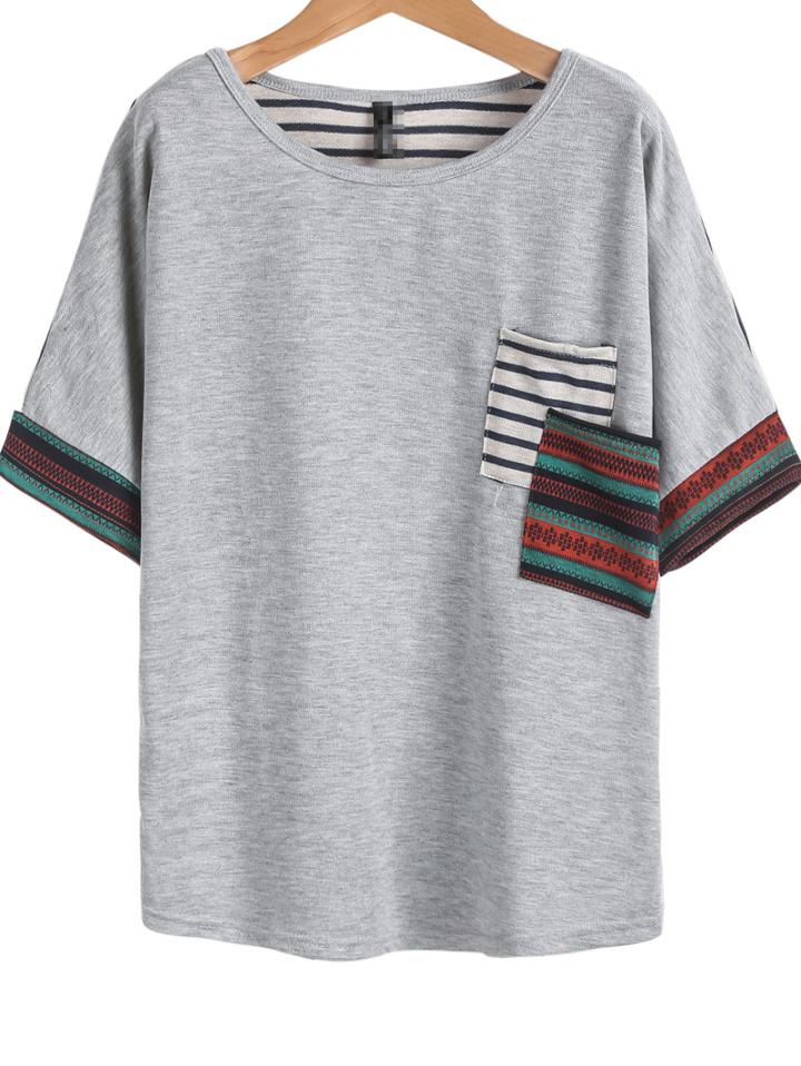 Shein Grey Short Sleeve Quilting Pane Colourblock Striped Pocket T-shirt