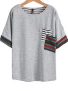 Shein Grey Short Sleeve Quilting Pane Colourblock Striped Pocket T-shirt