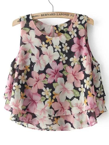 Shein Pink Flower Print Ruffle Tank Top