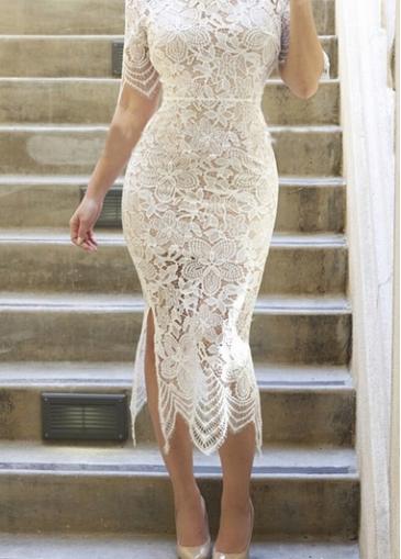 Rosewe White Lace Half Sleeve Side Slit Dress