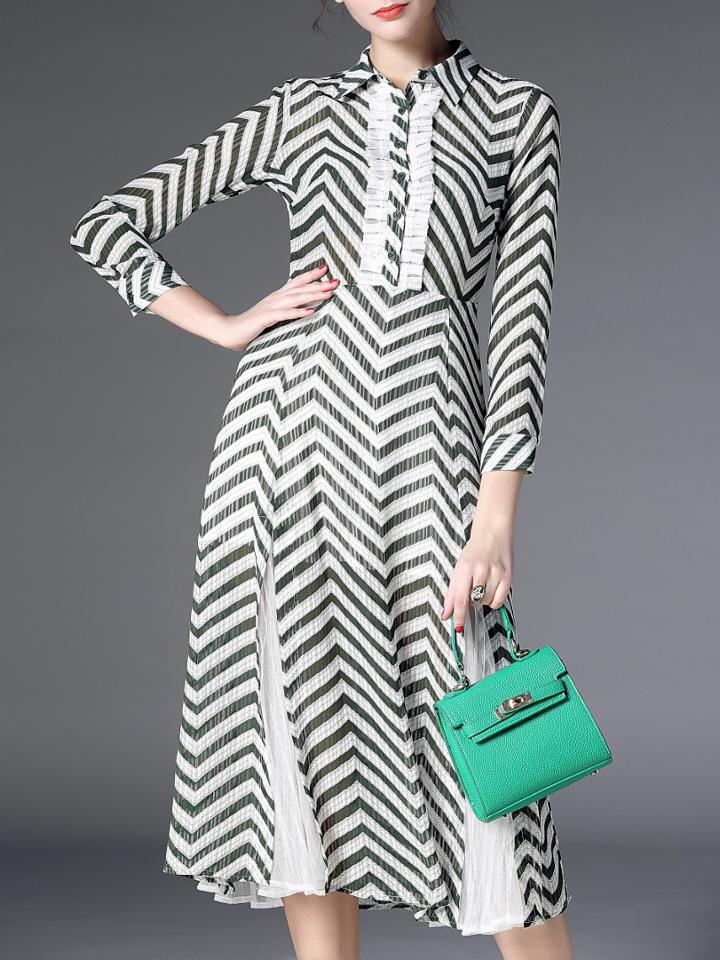 Shein Green Lapel Chevron Contrast Gauze Dress