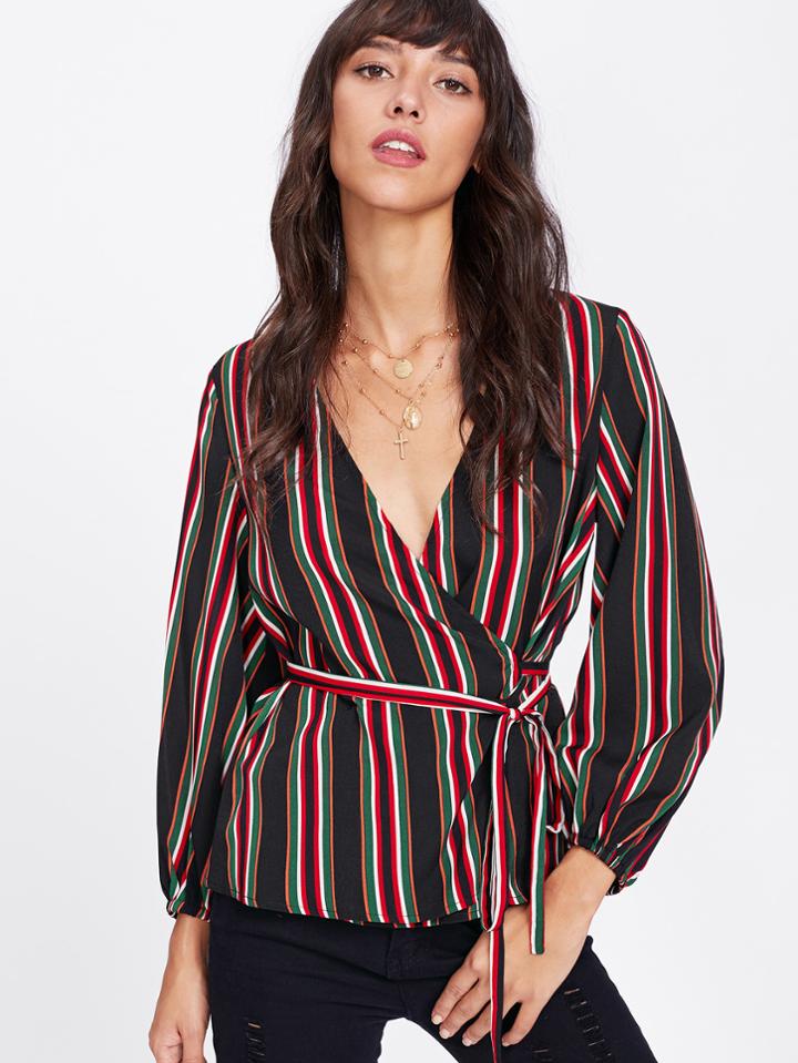 Shein Bishop Sleeve Vertical Striped Wrap Top