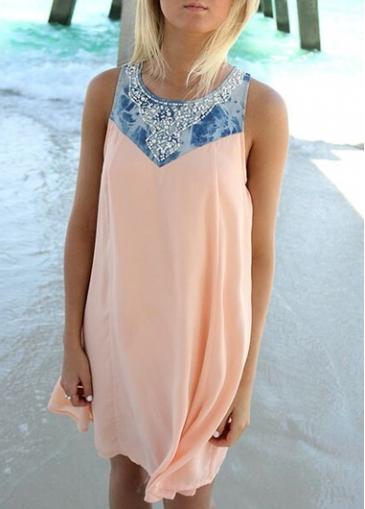 Rosewe Round Neck Rhinestone Embellished Chiffon Patchwork Dress