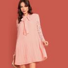 Shein Tie Neck Lace Sleeve Pleated Dress