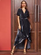 Shein Navy Surplice Wrap High Low Velvet Dress