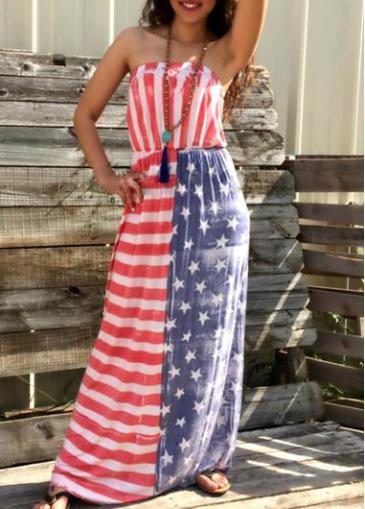 Rosewe Flag Print Strapless Elastic Waist Maxi Dress