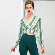 Shein Surplice Neck Shirred Panel Striped Crop Top