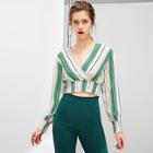 Shein Surplice Neck Shirred Panel Striped Crop Top