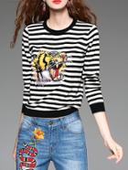 Shein Black White Striped Tiger Embroidered Knit Sweatshirt