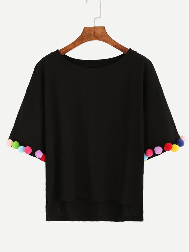 Shein Black Pom Pom Trim High Low T-shirt