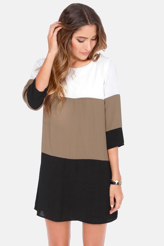 Shein White Coffee Black Color Block Dress
